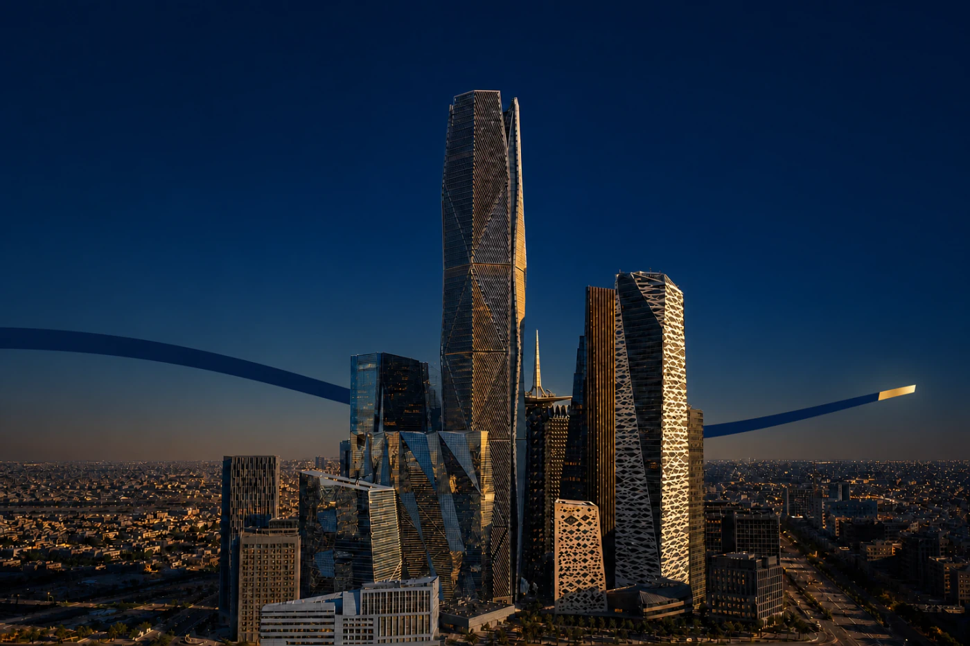 A refined wide view of Riyadh’s contemporary financial district skyline.
