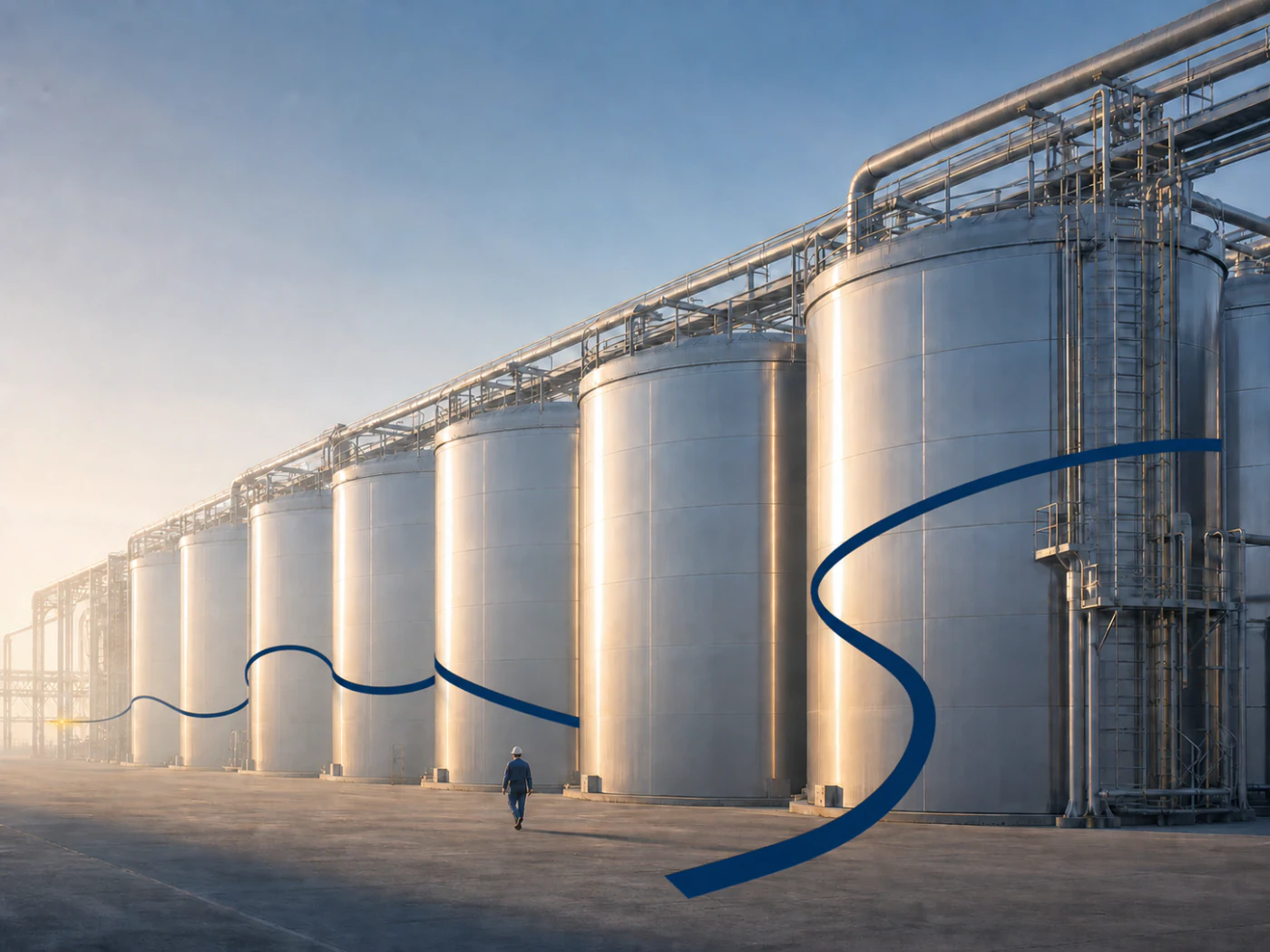 A worker walking beside steel silos woven with a receding navy ribbon and gold tip.