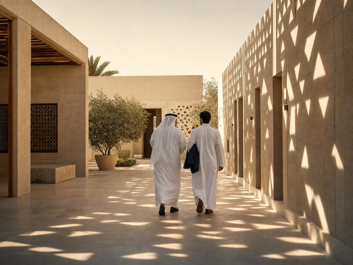 Two generations walking together through a sunlit Najdi-inspired courtyard.