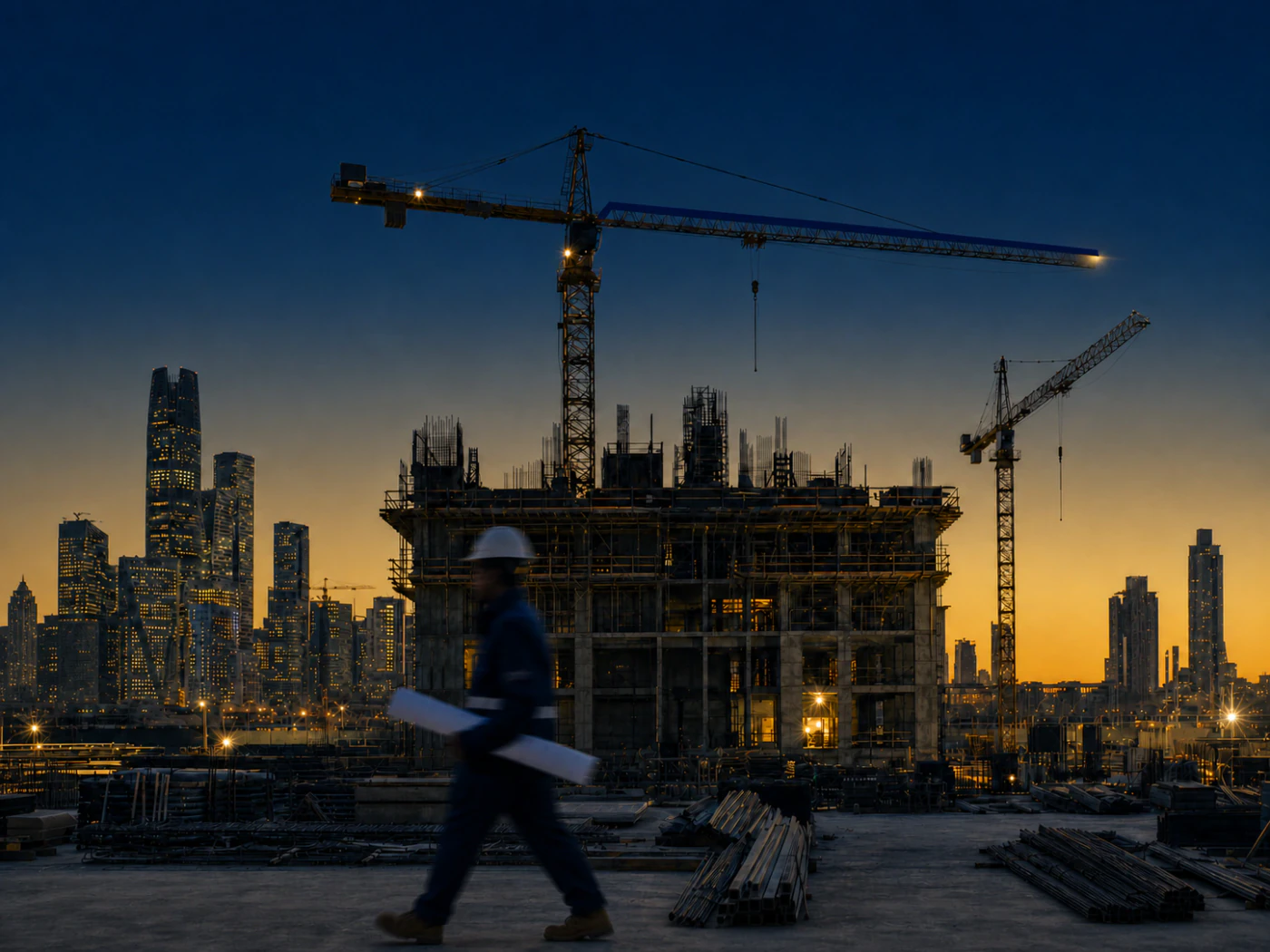 A motion-blurred engineer crossing a construction site beneath a navy-traced tower crane at dusk.
