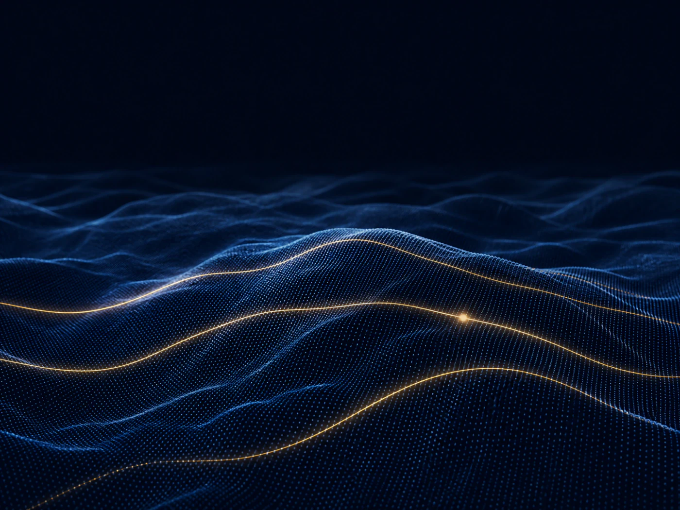 Three gold signal lines traveling across a navy dot-matrix data landscape.