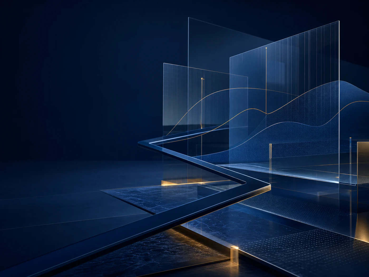 A navy architectural path weaving through translucent data planes with restrained gold accents.