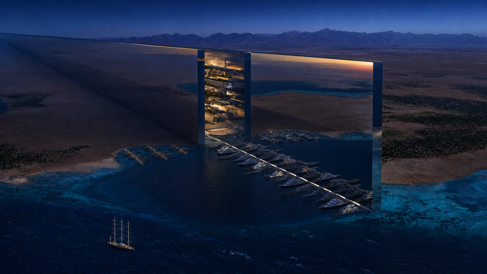 The Line at blue hour above a marina in NEOM.